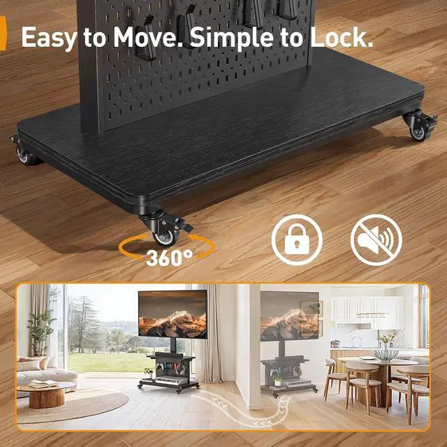 Alt view image 7 of 7 - Motorized Mobile TV Stand on Wheels, Electric Height Adjustable TV Cart for 32-80 TVs up to 100 lbs, Rolling TV Stand with Remote Control, 4 Height Memory, ±35° Swivel with Pegboard Storage