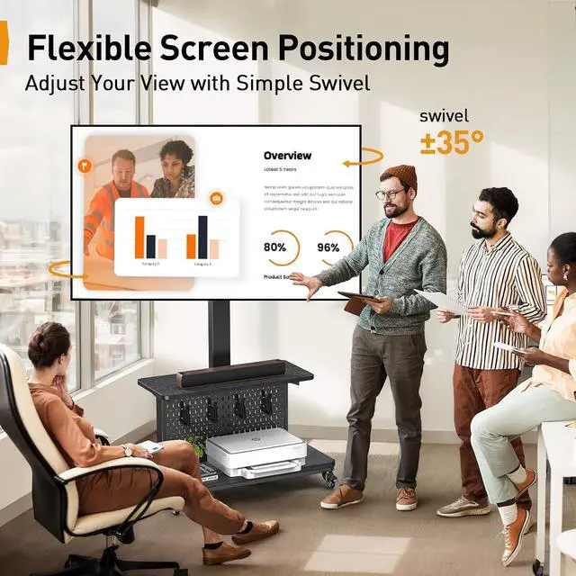 Alt view image 6 of 7 - Motorized Mobile TV Stand on Wheels, Electric Height Adjustable TV Cart for 32-80 TVs up to 100 lbs, Rolling TV Stand with Remote Control, 4 Height Memory, ±35° Swivel with Pegboard Storage