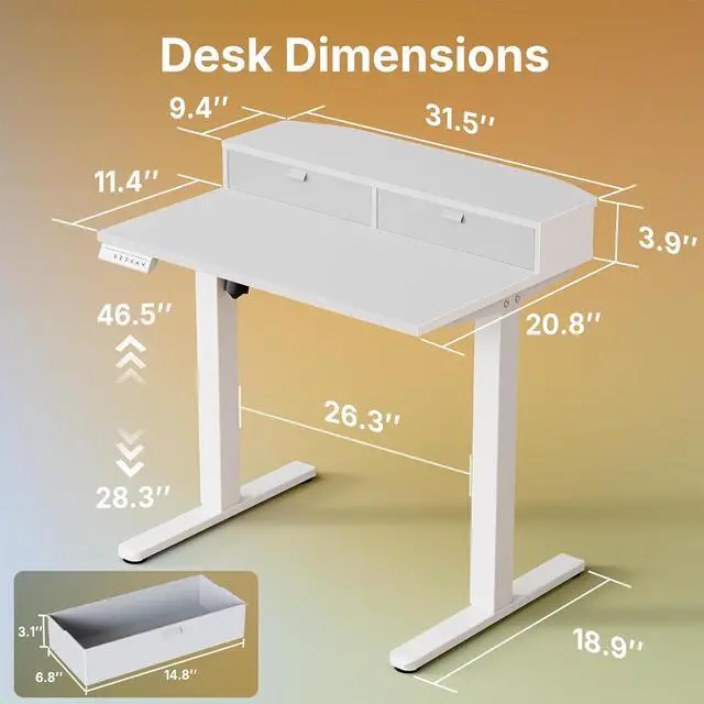 Alt view image 2 of 7 - 32" X 21" Electric Standing Desk with 2 Drawers, C-Clamp Mount Compatible, Height Adjustable Computer Desk, Home Office Stand Up Desk with 4 Preset Heights & 2 Hooks, White