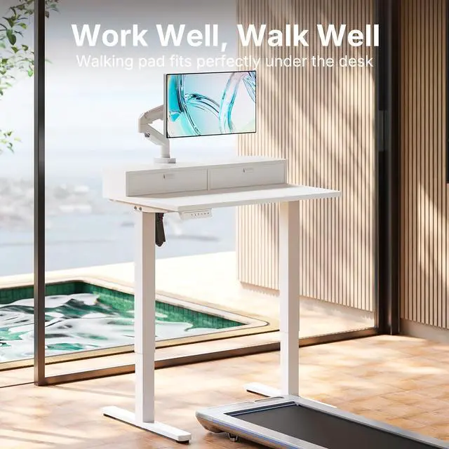 Alt view image 6 of 7 - 32" X 21" Electric Standing Desk with 2 Drawers, C-Clamp Mount Compatible, Height Adjustable Computer Desk, Home Office Stand Up Desk with 4 Preset Heights & 2 Hooks, White