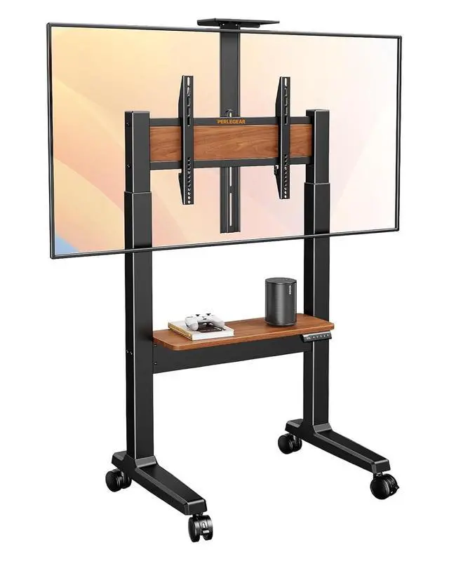 Main image of Motorized Mobile TV Stand on Wheels for 3786 Inch TVs up to 154 lbs, Electric Height Adjustable Rolling TV Stand, VESA 200x200600x400mm, Wooden Shelf & Panel, PGTVMC26B