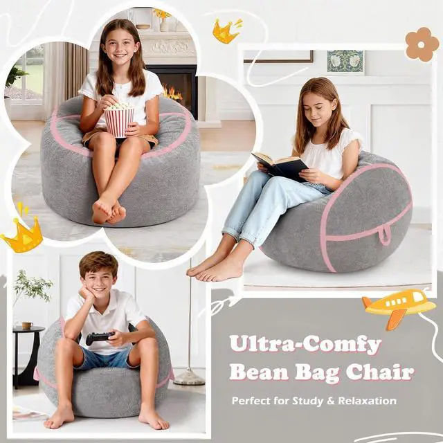 Alt view image 6 of 7 - 2FT Bean Bag Chair, Small BeanBag Chairs with Memory Foam Filled, Ultra-Soft Velvet Bean Bag Chair with Portable Handle, Comfy Bean Bag Sofa for Living Room, No Assembly - Light Grey & Pink