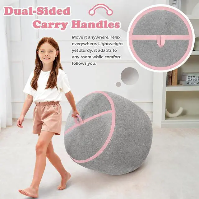 Alt view image 7 of 7 - 2FT Bean Bag Chair, Small BeanBag Chairs with Memory Foam Filled, Ultra-Soft Velvet Bean Bag Chair with Portable Handle, Comfy Bean Bag Sofa for Living Room, No Assembly - Light Grey & Pink