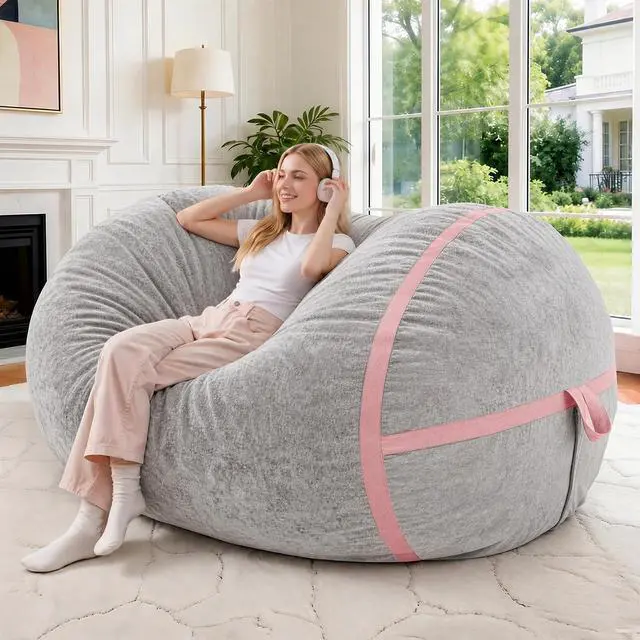 Main image of 4FT BeanBag Chair, Large BeanBag Chairs with Memory Foam Filled, Ultra-Soft Velvet with Portable Handle & Removable Cover, Comfy BeanBag Sofa for Living Room, No Assembly - Light Grey & Pink