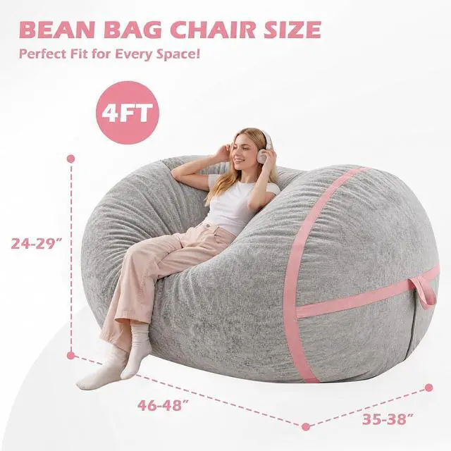 Alt view image 2 of 6 - 4FT BeanBag Chair, Large BeanBag Chairs with Memory Foam Filled, Ultra-Soft Velvet with Portable Handle & Removable Cover, Comfy BeanBag Sofa for Living Room, No Assembly - Light Grey & Pink
