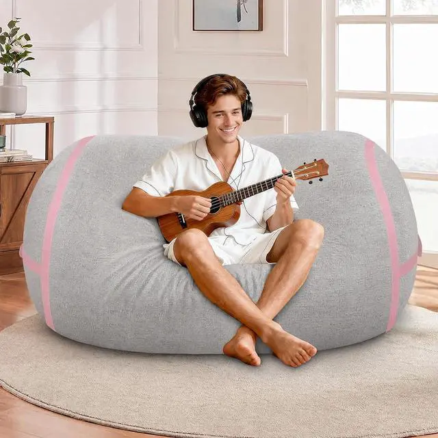 Alt view image 3 of 6 - 4FT BeanBag Chair, Large BeanBag Chairs with Memory Foam Filled, Ultra-Soft Velvet with Portable Handle & Removable Cover, Comfy BeanBag Sofa for Living Room, No Assembly - Light Grey & Pink