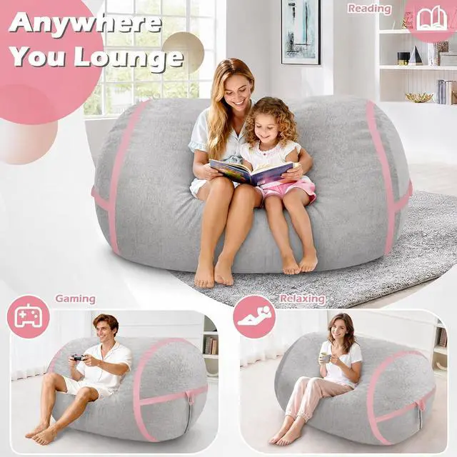 Alt view image 4 of 6 - 4FT BeanBag Chair, Large BeanBag Chairs with Memory Foam Filled, Ultra-Soft Velvet with Portable Handle & Removable Cover, Comfy BeanBag Sofa for Living Room, No Assembly - Light Grey & Pink