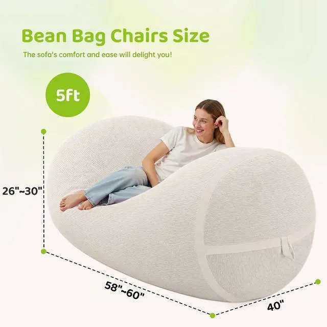 Alt view image 2 of 6 - Bean Bag Chair, 5FT Large Bean Bag Chair with Removable Cover, Comfy Beanbag Chair with Memory Foam Filling, Bean Bag Sofa for Living Room Bedroom Reading Room, White