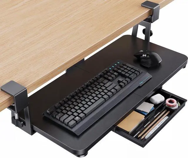 Main image of Large Under Desk Keyboard Tray with Sturdy C-Clamp Mount, 26 (30.16" Including Clamps) x 12 inch Slide-Out Platform Computer Desk Heavy Duty Keyboard Tray with Storage Drawer for Typing, Black