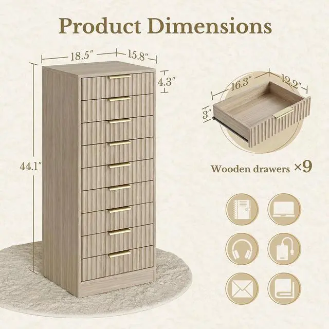 Alt view image 2 of 7 - 9 Drawer File Cabinet, Wooden Office Cabinet with Drawers, Fluted Storage Filing Drawer for Home Office, Light Walnut