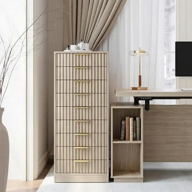 Alt view image 3 of 7 - 9 Drawer File Cabinet, Wooden Office Cabinet with Drawers, Fluted Storage Filing Drawer for Home Office, Light Walnut