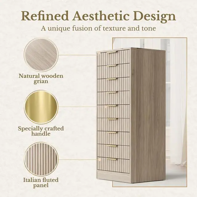 Alt view image 5 of 7 - 9 Drawer File Cabinet, Wooden Office Cabinet with Drawers, Fluted Storage Filing Drawer for Home Office, Light Walnut
