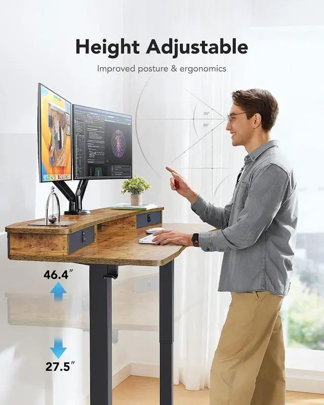 Alt view image 5 of 6 - 55 x 26 Electric Standing Desk with 2 Drawers, C-Clamp Mount Compatible, Height Adjustable Computer Desk, Home Office Stand Up Desk with 4 Preset Heights & 2 Hooks, Vintage Brown