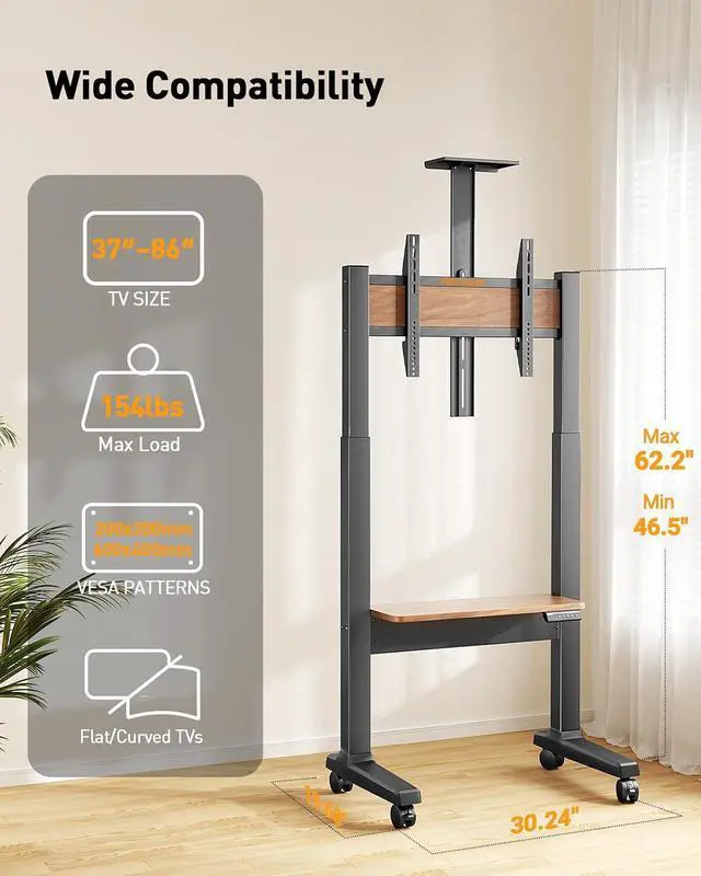 Alt view image 2 of 7 - Motorized Mobile TV Stand on Wheels for 3786 Inch TVs up to 154 lbs, Electric Height Adjustable Rolling TV Stand, VESA 200x200600x400mm, Wooden Shelf & Panel, PGTVMC26B