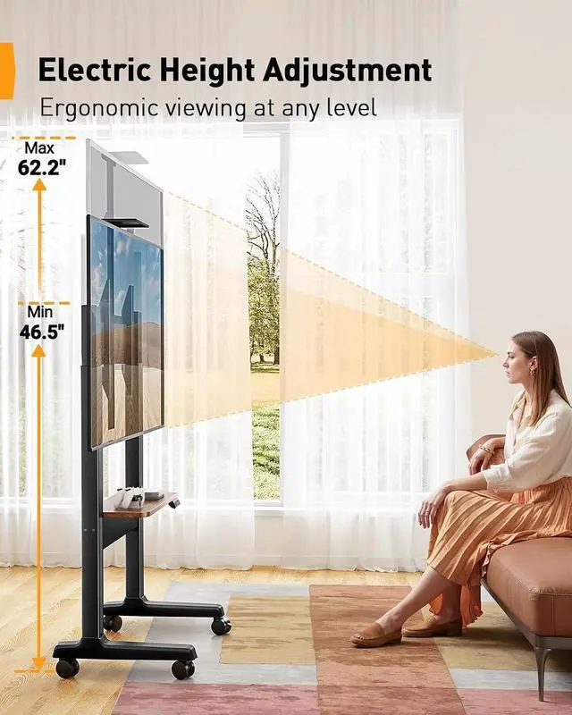 Alt view image 3 of 7 - Motorized Mobile TV Stand on Wheels for 3786 Inch TVs up to 154 lbs, Electric Height Adjustable Rolling TV Stand, VESA 200x200600x400mm, Wooden Shelf & Panel, PGTVMC26B