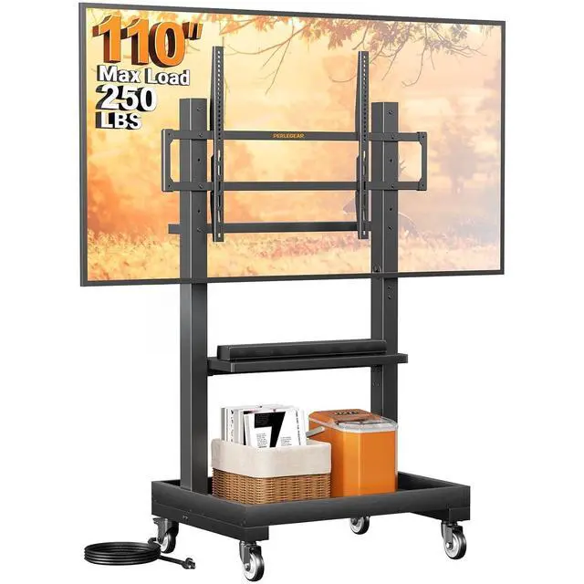Main image of Rolling TV Stand for 32-110 TVs up to 250 lbs, Outdoor TV Stand with Large Wheels, Handle & Power Outlet, Height Adjustable Mobile TV Cart with Wood Shelf, Max VESA 800x600mm, PGTVMC24B