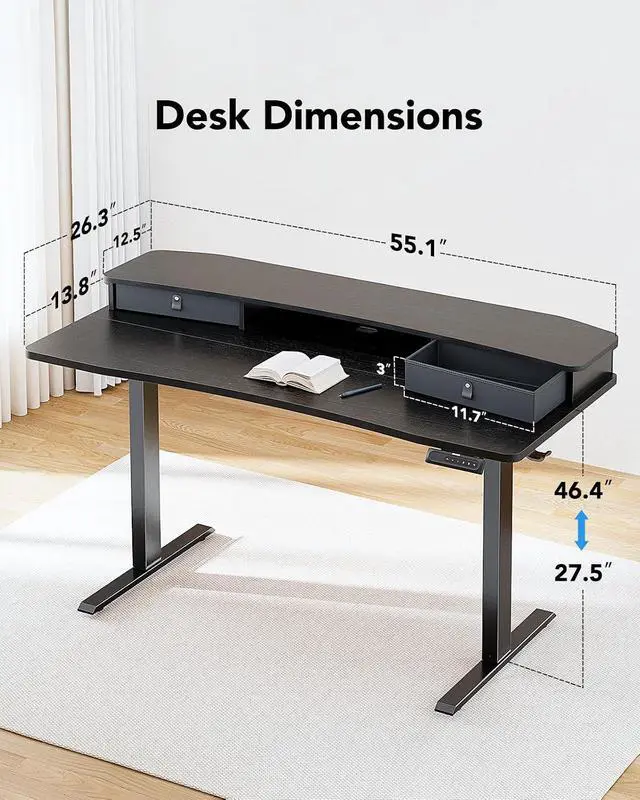 Alt view image 2 of 6 - 55 x 26 Electric Standing Desk with 2 Drawers, C-Clamp Mount Compatible, Height Adjustable Computer Desk, Home Office Stand Up Desk with 4 Preset Heights & 2 Hooks, Black