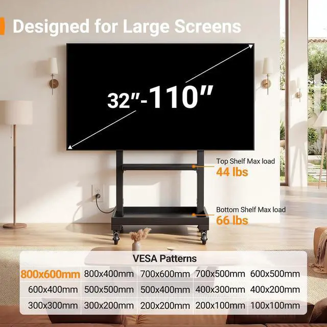 Alt view image 2 of 7 - Rolling TV Stand for 32-110 TVs up to 250 lbs, Outdoor TV Stand with Large Wheels, Handle & Power Outlet, Height Adjustable Mobile TV Cart with Wood Shelf, Max VESA 800x600mm, PGTVMC24B