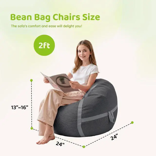 Alt view image 2 of 7 - Bean Bag Chair, 2FT Bean Bag Chairs with Memory Foam Filling, Small Beanbag Chairs with Portable Handle, Comfy Bean Bag Sofa for Living Room Bedroom Reading Room, Dusty Grey&Light Grey