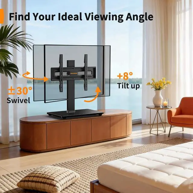 Alt view image 4 of 7 - Universal TV Stand with Power Outlet, Swivel TV Stand for 32-72 inch TVs up to 99 lbs, TV Base with Tempered Glass Base, Height Adjustable TV Mount Stand Max VESA 600x400mm PGTVS48