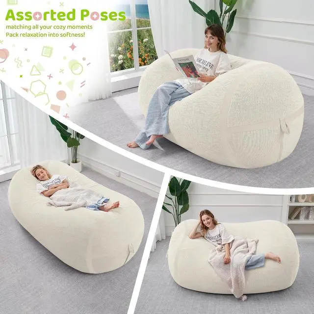 Alt view image 4 of 6 - Bean Bag Chair, 5FT Large Bean Bag Chair with Removable Cover, Comfy Beanbag Chair with Memory Foam Filling, Bean Bag Sofa for Living Room Bedroom Reading Room, White