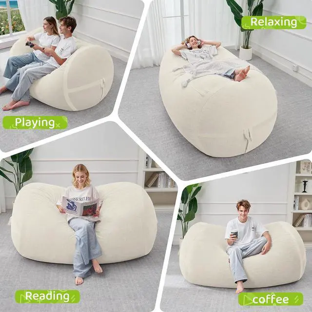 Alt view image 5 of 6 - Bean Bag Chair, 5FT Large Bean Bag Chair with Removable Cover, Comfy Beanbag Chair with Memory Foam Filling, Bean Bag Sofa for Living Room Bedroom Reading Room, White