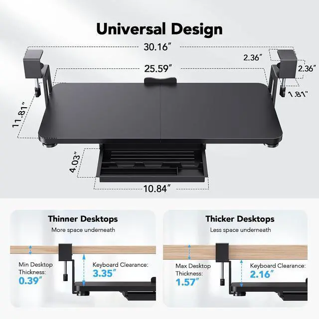 Alt view image 3 of 7 - Large Under Desk Keyboard Tray with Sturdy C-Clamp Mount, 26 (30.16" Including Clamps) x 12 inch Slide-Out Platform Computer Desk Heavy Duty Keyboard Tray with Storage Drawer for Typing, Black