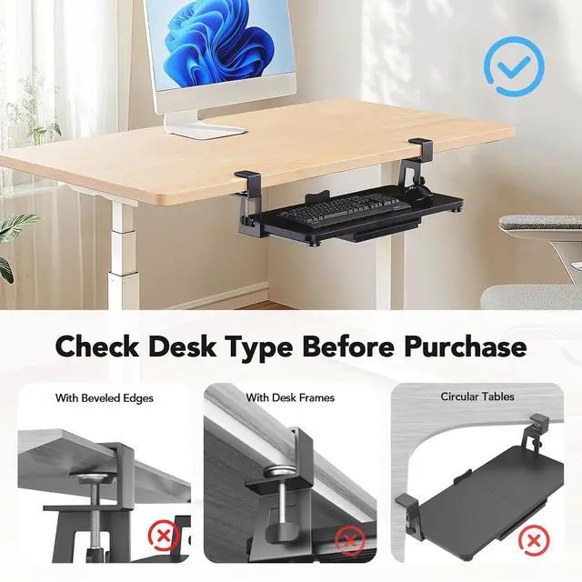 Alt view image 4 of 7 - Large Under Desk Keyboard Tray with Sturdy C-Clamp Mount, 26 (30.16" Including Clamps) x 12 inch Slide-Out Platform Computer Desk Heavy Duty Keyboard Tray with Storage Drawer for Typing, Black
