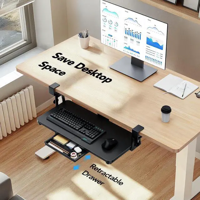 Alt view image 5 of 7 - Large Under Desk Keyboard Tray with Sturdy C-Clamp Mount, 26 (30.16" Including Clamps) x 12 inch Slide-Out Platform Computer Desk Heavy Duty Keyboard Tray with Storage Drawer for Typing, Black