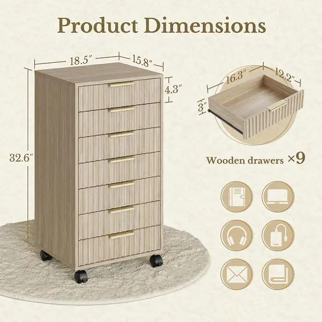 Alt view image 2 of 7 - 7 Drawer File Cabinet with Wheels for Home Office, Light Walnut | Fluted 7 Drawer Chest, Wood File Cabinet with Lockable Wheels, Anti-Tip Design