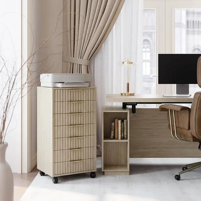 Alt view image 3 of 7 - 7 Drawer File Cabinet with Wheels for Home Office, Light Walnut | Fluted 7 Drawer Chest, Wood File Cabinet with Lockable Wheels, Anti-Tip Design