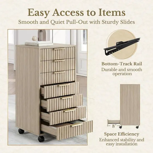Alt view image 6 of 7 - 7 Drawer File Cabinet with Wheels for Home Office, Light Walnut | Fluted 7 Drawer Chest, Wood File Cabinet with Lockable Wheels, Anti-Tip Design