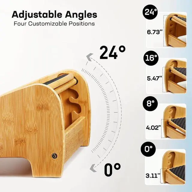 Alt view image 3 of 7 - Bamboo Under Desk Footrest, Ergonomic Foot Rest with 4 Height Options & Adjustable Angles, Pebble Massage Surface, Non-Slip Foot Rest for Under Desk at Work for Improved Posture, Home & Office
