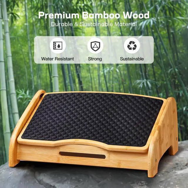 Alt view image 2 of 7 - Bamboo Under Desk Footrest, Ergonomic Foot Rest with 4 Height Options & Adjustable Angles, Pebble Massage Surface, Non-Slip Foot Rest for Under Desk at Work for Improved Posture, Home & Office