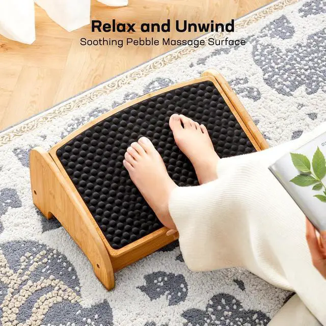 Alt view image 5 of 7 - Bamboo Under Desk Footrest, Ergonomic Foot Rest with 4 Height Options & Adjustable Angles, Pebble Massage Surface, Non-Slip Foot Rest for Under Desk at Work for Improved Posture, Home & Office