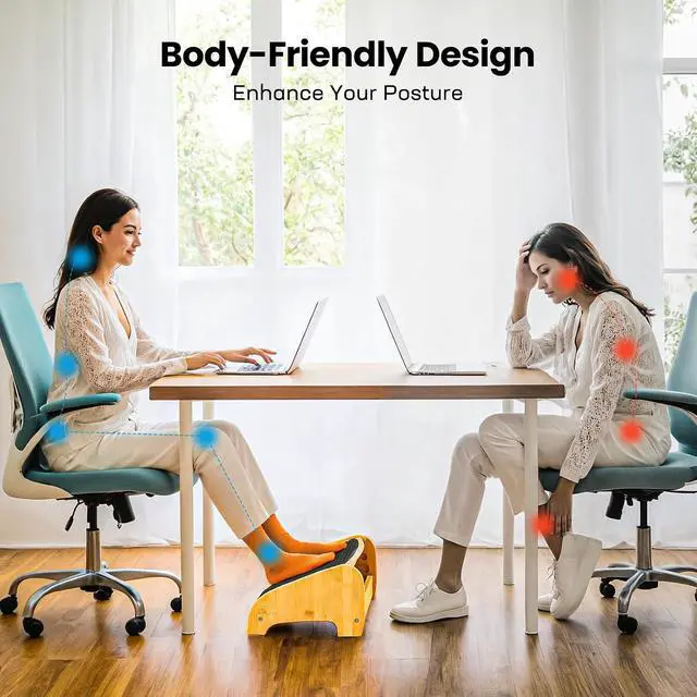 Alt view image 4 of 7 - Bamboo Under Desk Footrest, Ergonomic Foot Rest with 4 Height Options & Adjustable Angles, Pebble Massage Surface, Non-Slip Foot Rest for Under Desk at Work for Improved Posture, Home & Office