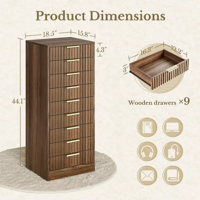 Alt view image 2 of 7 - 9 Drawer File Cabinet, Wooden Office Cabinet with Drawers, Fluted Storage Filing Drawer for Home Office, Black Walnut