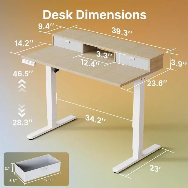 Alt view image 2 of 7 - 40" X 24" Electric Standing Desk with 2 Drawers, C-Clamp Mount Compatible, Height Adjustable Computer Desk, Home Office Stand Up Desk with 4 Preset Heights & 2 Hooks, Light Walnut