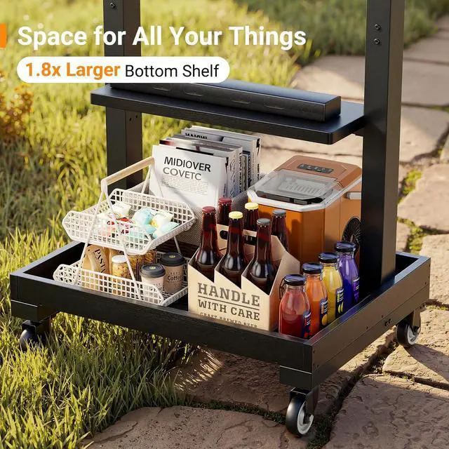 Alt view image 5 of 7 - Rolling TV Stand for 32-110 TVs up to 250 lbs, Outdoor TV Stand with Large Wheels, Handle & Power Outlet, Height Adjustable Mobile TV Cart with Wood Shelf, Max VESA 800x600mm, PGTVMC24B