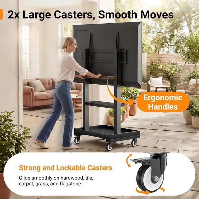 Alt view image 6 of 7 - Rolling TV Stand for 32-110 TVs up to 250 lbs, Outdoor TV Stand with Large Wheels, Handle & Power Outlet, Height Adjustable Mobile TV Cart with Wood Shelf, Max VESA 800x600mm, PGTVMC24B