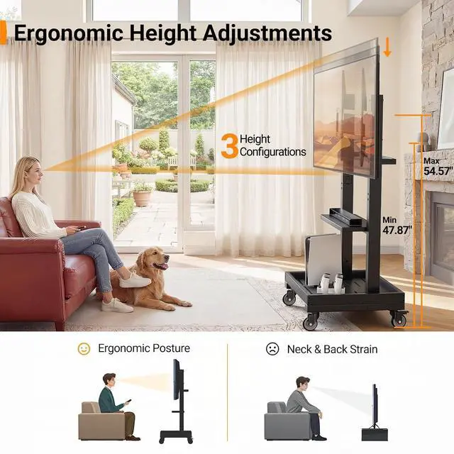 Alt view image 7 of 7 - Rolling TV Stand for 32-110 TVs up to 250 lbs, Outdoor TV Stand with Large Wheels, Handle & Power Outlet, Height Adjustable Mobile TV Cart with Wood Shelf, Max VESA 800x600mm, PGTVMC24B