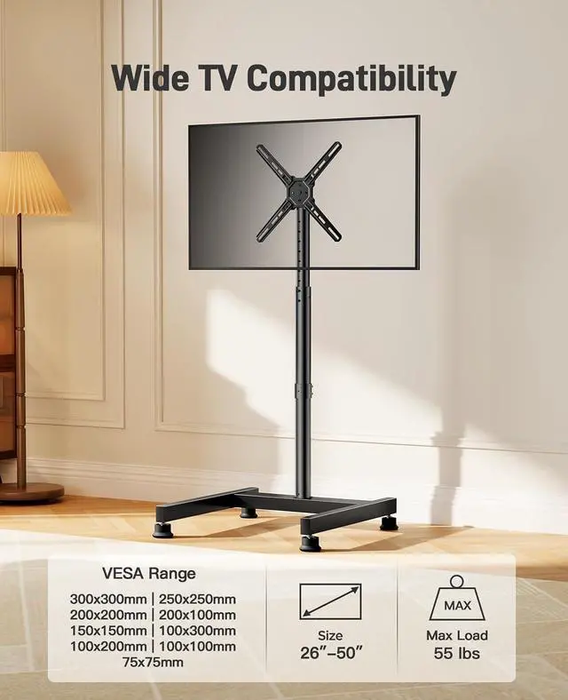 Alt view image 2 of 7 - Floor TV Stand with Mount for 26-50 inch TVs up to 55 lbs, TV Floor Stand with Rotation, Tilt, Level, Height Adjustable TV Stand for Bedroom/Living Room, Max VESA 300x300mm, PGFS12