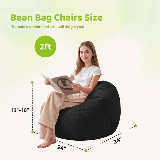 Alt view image 2 of 7 - Bean Bag Chair, 2FT Bean Bag Chairs with Memory Foam Filling, Small Beanbag Chairs with Portable Handle, Comfy Bean Bag Sofa for Living Room Bedroom Reading Room, Black