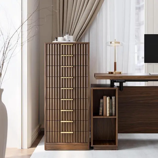 Alt view image 3 of 7 - 9 Drawer File Cabinet, Wooden Office Cabinet with Drawers, Fluted Storage Filing Drawer for Home Office, Black Walnut