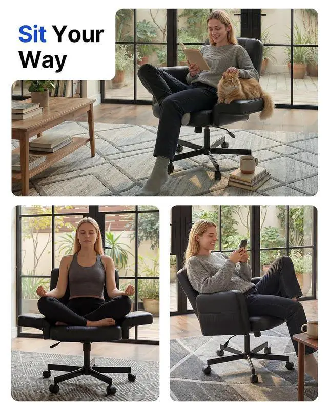 Alt view image 3 of 7 - Criss Cross Chair with 6-Point Adjustable Armrests, Pet-Friendly Criss Cross Office Chair, Comfortable Cross Leg Chair with Wide Seat, Durable PU Leather, Side Storage Pocket, Easy Assembly