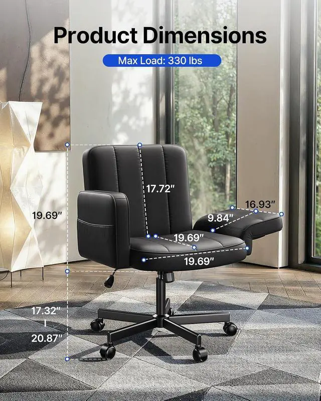 Alt view image 2 of 7 - Criss Cross Chair with 6-Point Adjustable Armrests, Pet-Friendly Criss Cross Office Chair, Comfortable Cross Leg Chair with Wide Seat, Durable PU Leather, Side Storage Pocket, Easy Assembly