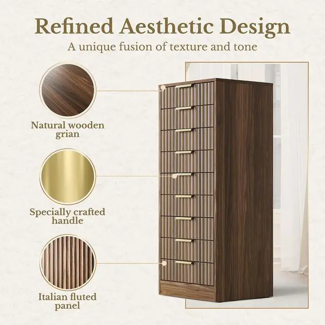 Alt view image 5 of 7 - 9 Drawer File Cabinet, Wooden Office Cabinet with Drawers, Fluted Storage Filing Drawer for Home Office, Black Walnut