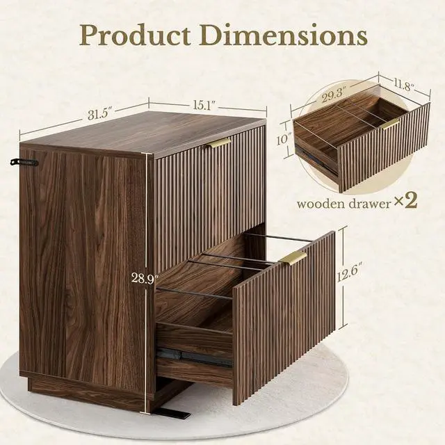 Alt view image 2 of 7 - 2 Drawer Fluted File Cabinet, 32'' Lateral File Cabinet for Legal/Letter/A4/F4 Size Hanging Files, Wood File Storage for Home Office, Black Walnut