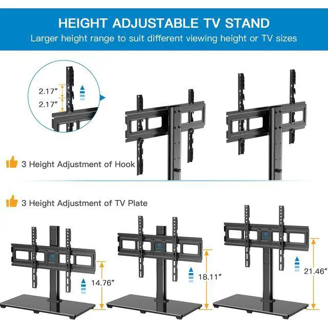 Alt view image 5 of 7 - Universal TV Stand for 32-82 inch LCD LED OLED 4K Flat Screen TVs-Height Adjustable TV Mount Stand with Tempered Glass Base, VESA 600x400mm, Holds up to 99lbs PSTVS11