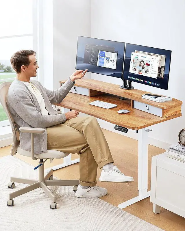 Alt view image 2 of 7 - 48 x 24 Electric Standing Desk with 2 Drawers, C-Clamp Mount Compatible, Height Adjustable Computer Desk, Home Office Stand Up Desk with 4 Preset Heights & 2 Hooks, Light Vintage